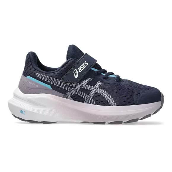 Asics Gt-1000 13 Ps til børn i Midnight/Dusk Violet har en overdel i mesh, velcrorem, snørelukning og en støttende sål med hvide og lyseblå detaljer. Stabilitetssko inspireret af GT-1000-serien; GEL-EXCITE 10 vises på siden.
