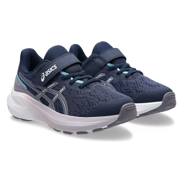 Et par Asics Gt-1000 13 Ps løbesko til børn i Midnight/Dusk Violet med velcroremme og hvide såler er placeret side om side på en hvid baggrund.