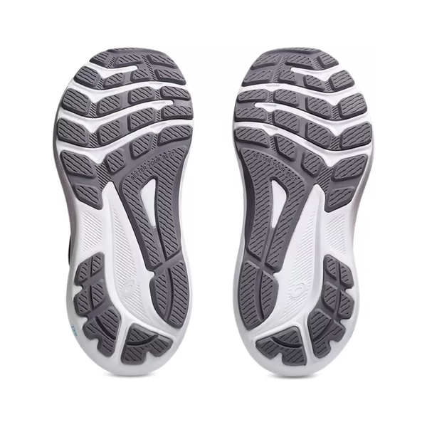 Et par Asics GT-1000 13 PS børnesko i farven Midnight/Dusk Violet med grå og hvid sål, har teksturerede riller og segmenteret gummi for godt greb og fleksibilitet, vist på hvid baggrund.