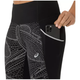 En person lægger en sort smartphone i sidelommen på Asics Limited Series Lite-Show Tight, Dame, Performance Black leggings med et hvidt geometrisk mønster og et ASICS-logo tæt på låret.