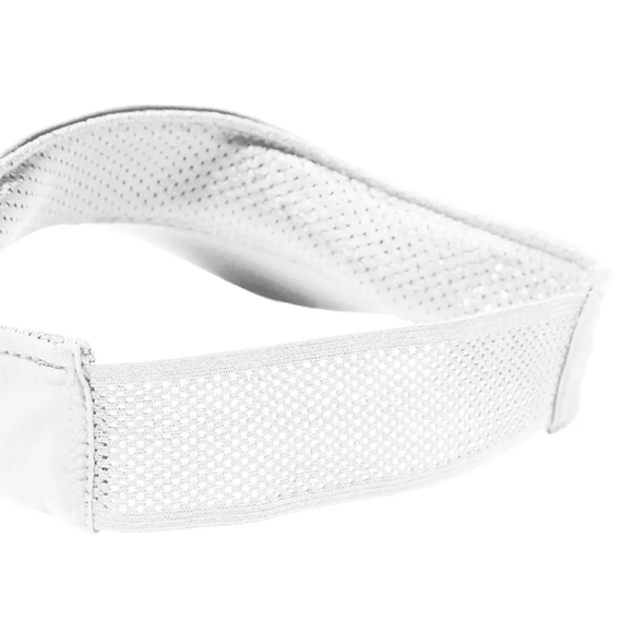 Nærbillede af en hvid justerbar strop i mesh-struktur med synlige syninger og perforeret stof til ventilation og solbeskyttelse, som man finder på Asics Prfm Visor, Unisex, Brilliant White.