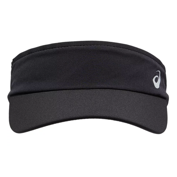 En unisex Asics Prfm Visor i Performance Black med en buet kant og et lille sølvfarvet Asics-logo på forsiden, vist på en hvid baggrund.
