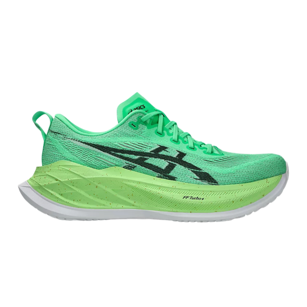 Et sidebillede af Asics Superblast 2, Unisex, i Vital Green/Black, med maksimal affjedring med en tyk spættet sål, overdel i mesh, snørelukning, sort ASICS-logo og hvid bundsål.