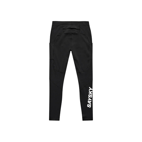 Bagfra set billede af de sorte Saysky Blaze+ Long Winter Tights, Herre, med sidelommer, en baglomme i linningen og et hvidt logo nederst på venstre ben.