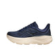 Hoka Bondi 9, Herre, Midnight Blue/Varsity Navy løbesko har en hvid polstret sål for maksimal komfort, mørkeblå snørebånd, overdel i mesh og bølgede sidemønstre. Den er vist fra siden på en hvid baggrund.
