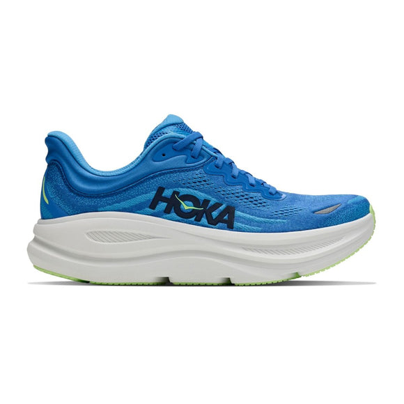 Hoka Bondi 9 Herre i farvekombinationen Virtual Blue / Soft Cobalt har en tyk, hvid, polstret sål, der sikrer maksimal komfort, et sort Hoka-logo samt detaljer i neongrøn på hælen og ydersålen, vist på en hvid baggrund.