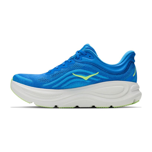 En Hoka Bondi 9 herresko i farven Virtual Blue / Soft Cobalt, med hvid sål og lysegrønne detaljer for maksimal komfort, set fra siden på en ensfarvet hvid baggrund.