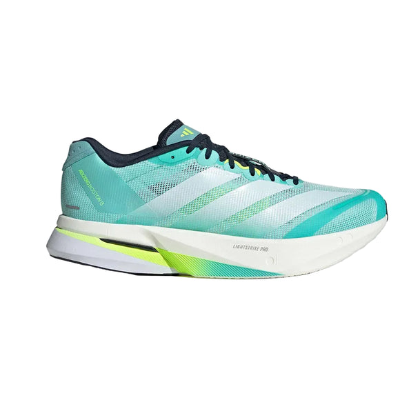 Adidas Adizero Boston 13 Dame i Seflaq/Zeromt/Luclem har et blågrønt og hvidt design med sorte snørebånd, lysegrønne detaljer og en tyk hvid LIGHTSTRIKE PRO-sål, der er konstrueret til atletisk præstation.