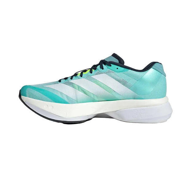 Et sidebillede af Adidas Adizero Boston 13 løbesko dame (Seflaq/Zeromt/Luclem) med blågrøn og hvid overdel, sorte snørebånd, en hvid LIGHTSTRIKE PRO-mellemsål og sort ydersål, vist på en hvid baggrund.