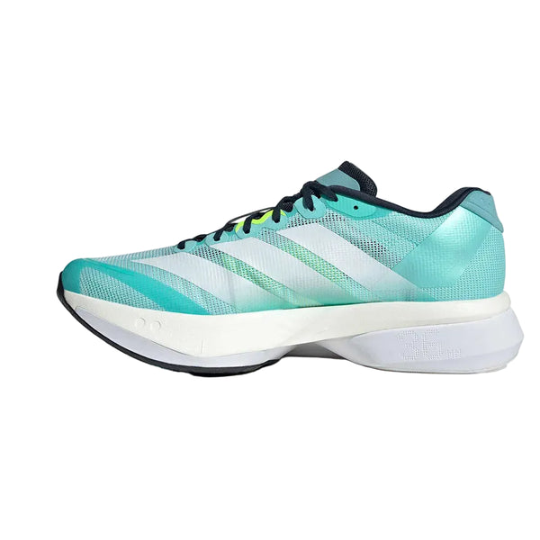 Et sidebillede af Adidas Adizero Boston 13 løbesko dame (Seflaq/Zeromt/Luclem) med blågrøn og hvid overdel, sorte snørebånd, en hvid LIGHTSTRIKE PRO-mellemsål og sort ydersål, vist på en hvid baggrund.