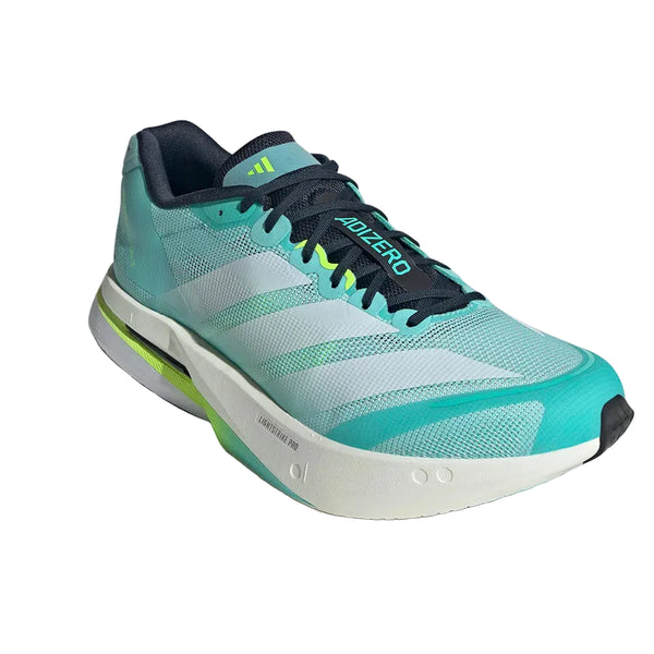Adidas Adizero Boston 13 Dame (Seflaq/Zeromt/Luclem) er en turkis og hvid løbesko med sorte snørebånd, limegrønne detaljer, en tyk hvid sål med LIGHTSTRIKE PRO-støddæmpning og "Adizero"-branding på siden.