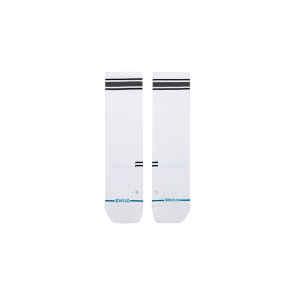 Stance Boyd UL Crew unisex-sokker i hvidt med anatomisk tilpasset pasform, to sorte striber ved manchetten samt mærker, der angiver venstre og højre fod.
