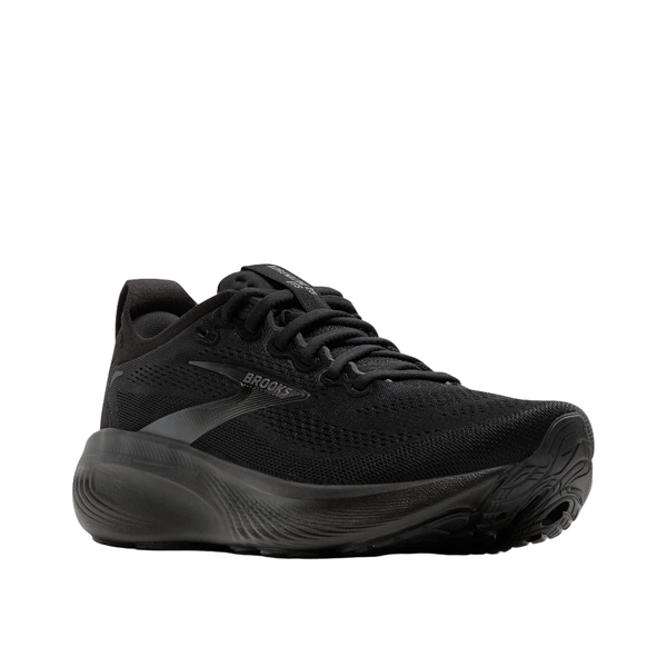 Brooks Adrenaline GTS 25, Herre, i Black/Black/Ebony har en overdel i mesh, snørelukning og en tyk struktureret sål, der giver stabilitet. Brooks-logoet er synligt på siden mod en hvid baggrund.