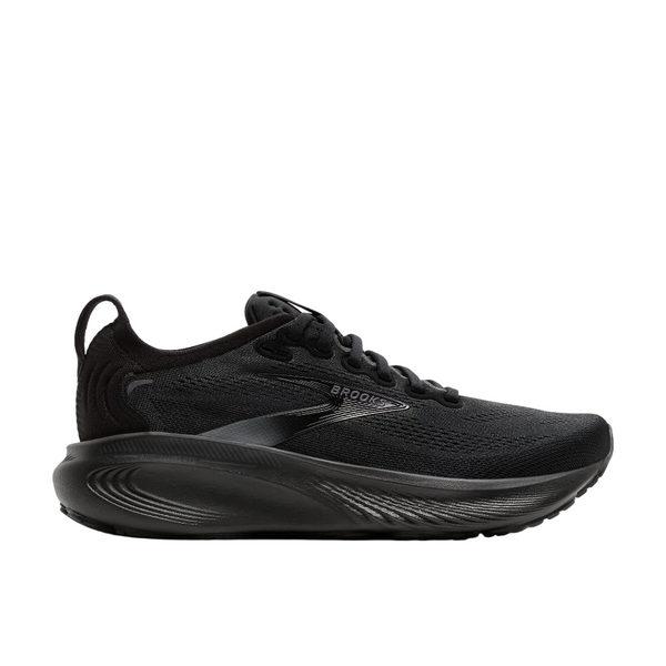 Brooks Adrenaline GTS 25 til kvinder i Black/Black/Ebony har en overdel i mesh, snørelukning, tyk struktureret sål for stabilitet og har Brooks-logoet på siden med et strømlinet design.