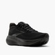Brooks Adrenaline GTS 25, Dame, i Black/Black/Ebony har en overdel i mesh, snørelukning, stabiliserende støddæmpende sål og diskret branding i siden på en hævet hæl. Vist mod en almindelig hvid baggrund.