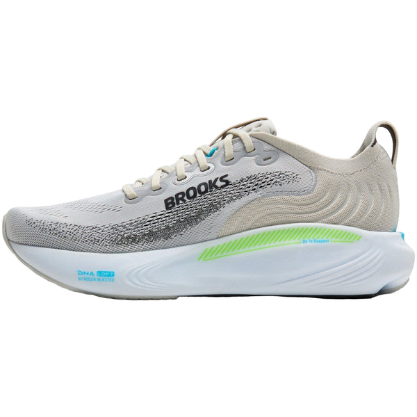 Brooks Adrenaline GTS 25, Herre i Oyster/Green Gecko/Blue har en lysegrå overdel med hvide snørebånd, en hvid sål med blå og grønne detaljer og Brooks-logoet - ideel som stabilitetssko til dine løbeture.