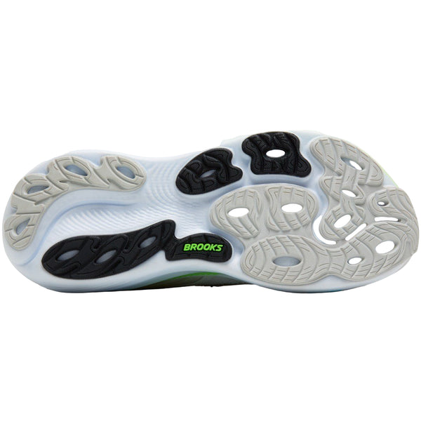 Billedet viser ydersålen på Brooks Adrenaline GTS 25, Herre (Oyster/Green Gecko/Blue) med sorte, grå og hvide gummisegmenter og et grønt BROOKS-logo, der fremhæver den bølgede slidbane som en stabilitetssko for løbere.