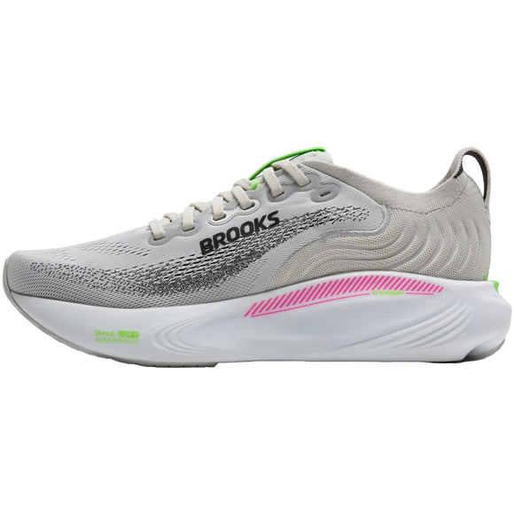 En Brooks Adrenaline GTS 25 dame løbesko i farven Oyster/Pink/Green med sort branding, bølgede sorte detaljer, grønne accenter og en tyk hvid sål med pink stribe og grønne highlights er fotograferet fra siden.