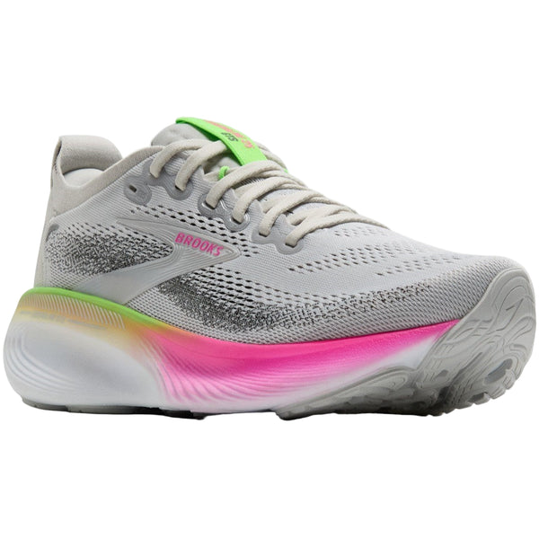 Brooks Adrenaline GTS 25 dame løbesko i Oyster/Pink/Green har en mesh-overdel, neongrøn tunge, gradient mellemsål fra gul til pink samt profilsål og Brooks-logo på siden. En stabilitetssko ideel til løb.