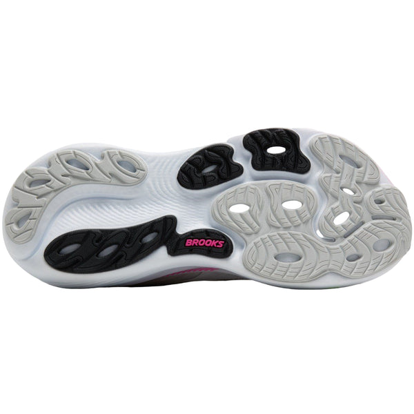 Billedet viser sålen på Brooks Adrenaline GTS 25 Dame i Oyster/Pink/Green, der har en hvid ydersål med sorte og grå grebsmønstre, udskæringer for fleksibilitet og "BROOKS" i pink - ideel til stabilitetssko løb.