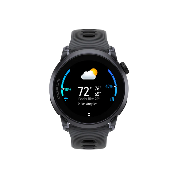 COROS Pace 4 Aluminium Multisport Watch, Black Crystal, har en AMOLED-berøringsskærm, der viser Los Angeles-vejret - 72°F, delvis overskyet ikon, "Feels like 70°", med en høj temperatur på 76°F og en lav temperatur på 65°F for detaljerede daglige opdateringer.