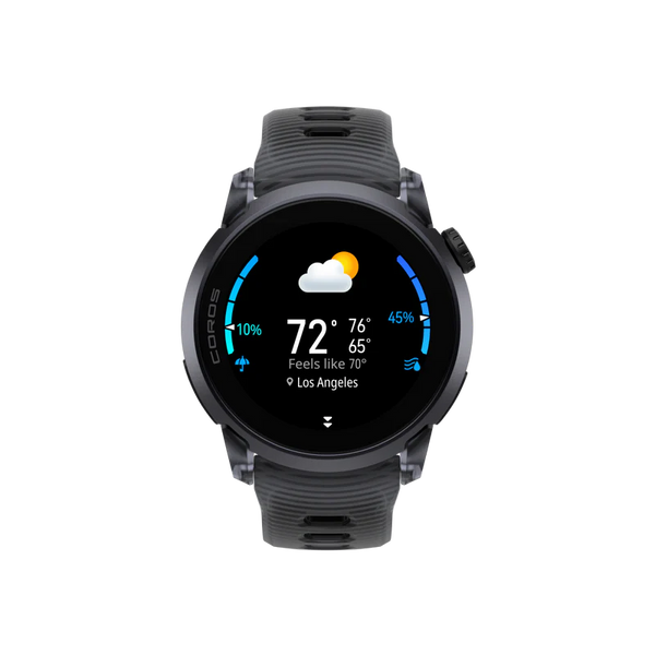 COROS Pace 4 Aluminium Multisport Watch, Black Crystal, har en AMOLED-berøringsskærm, der viser Los Angeles-vejret - 72°F, delvis overskyet ikon, "Feels like 70°", med en høj temperatur på 76°F og en lav temperatur på 65°F for detaljerede daglige opdateringer.
