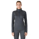 En kvinde står med ansigtet fremad og er iført en Patagonia Cap Midweight Zip Neck til kvinder i Smolder Blue med matchende leggings. Hendes hår er trukket tilbage, og hendes arme hviler ved siden af hende mod en almindelig hvid baggrund.