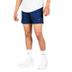 Der vises et billede af en person fra livet og ned, iført Saysky Checker Pace Shorts 5″ til herre i farven Blue Checker, kombineret med en hvid skjorte, hvide sokker og sneakers på en hvid baggrund. Fokus er på disse stilfulde funktionsshorts fra Saysky.