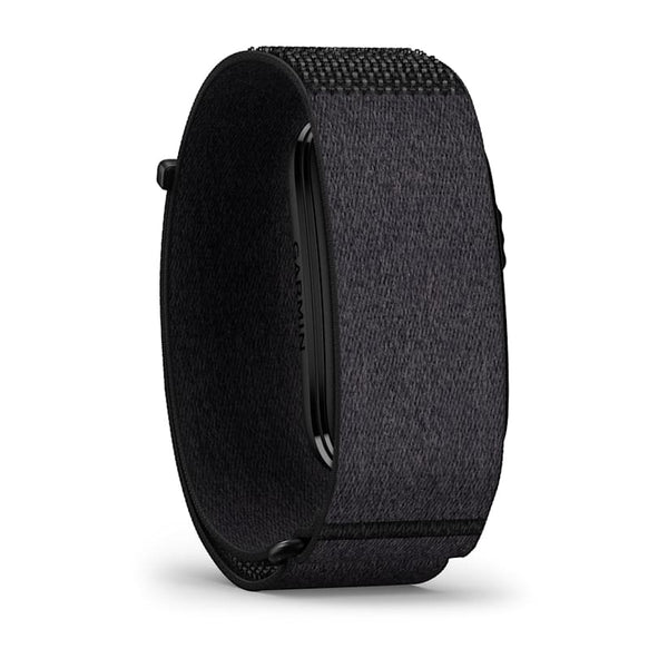 Et sort Cirqa Smart Band med en rem af struktureret stof, set fra siden.