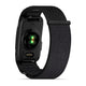 Bagside af et sort Garmin Cirqa Smart Band med en grøn pulssensor og et stofarmbånd.