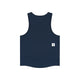 En SAYSKY Clean Combat Pro-singlet til herre i blå vises set bagfra og fremhæves på en ensfarvet hvid baggrund. Det elegante design har et lille hvidt rektangulært mærke med en sort stjerne nederst til højre.