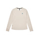 Beige, svedtransporterende Saysky Clean Flow langærmet trøje, dame, beige sportstrøje med tommelfingerhuller og et lille logo-mærke på brystet.