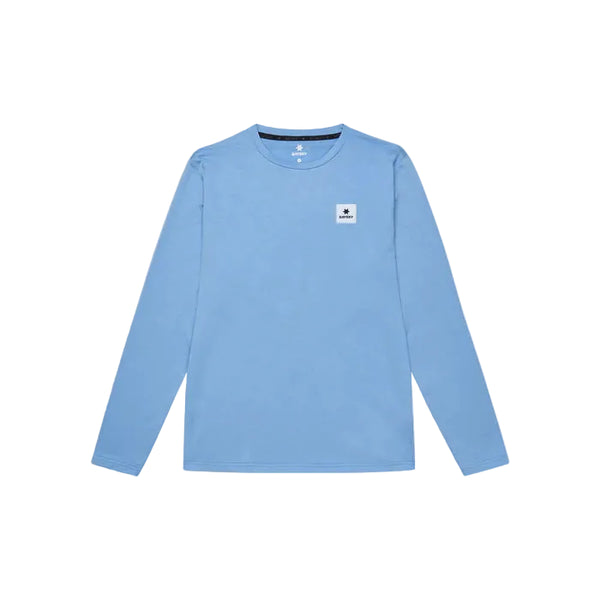 Saysky Clean Pace Long Sleeve, Herre, Blue har en lyseblå farve, lange ærmer, en rund halsudskæring og en lille firkantet logopatch på venstre bryst, vist på en almindelig hvid baggrund.