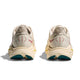 Et par Hoka Clifton 10 dame løbesko i Birch/Alabaster vises bagfra med pink logo, cremefarvet mellemsål, blågrøn ydersål, støddæmpning og tekstureret overdel-lette, komfortable og perfekte til løb.