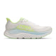 Hoka Clifton 11 Dame i farven Frost/Neon Yuzu har en hvid overdel i mesh med lysegrønne og blå detaljer, Hoka-logoet på siden og en tyk, polstret sål, der giver støtte til neutral løbestil.
