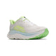 Hoka Clifton 11 Dame i farven Frost/Neon Yuzu har en hvid overdel med lysegrønne og gule detaljer, en tyk hvid og lyseblå sål, et lysegrønt mønster og Hoka-logo på siden. Fotograferet på hvid baggrund.