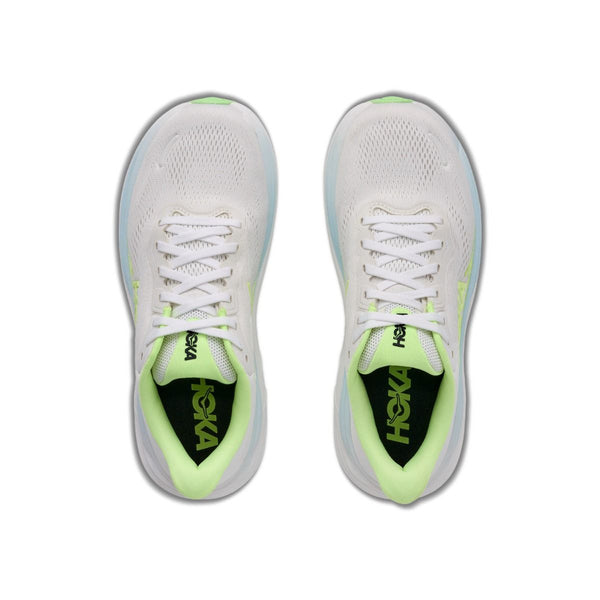 Et par Hoka Clifton 11 Dame-løbesko i farven Frost/Neon Yuzu, set ovenfra, med overdel i hvidt mesh, neongrønne og blå detaljer, synlige snørebånd og et sort Hoka-logo på indersålerne.