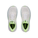 Et par Hoka Clifton 11 Dame-løbesko i farven Frost/Neon Yuzu, set ovenfra, med overdel i hvidt mesh, neongrønne og blå detaljer, synlige snørebånd og et sort Hoka-logo på indersålerne.