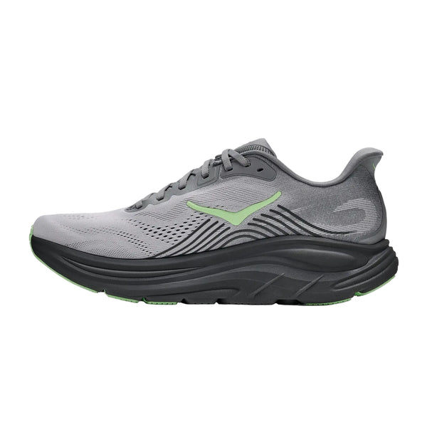 En Hoka Clifton 11 herreløbesko i farvekombinationen Galactic Grey/Stardust, med en grå mesh-overdel, lysegrønt logo, sort mellemsål, grønne detaljer på ydersålen og snørelukning, der sikrer maksimal støddæmpning, vist set fra siden på en hvid baggrund.