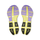 To atletiske skosåler i sort, gul og lilla med geometriske udskæringer og strukturerede mønstre - ideelle til On Cloudmonster 3 Hyper LS, Unisex, Limelight/Bloom, med Helion HF-hyperskumteknologi.