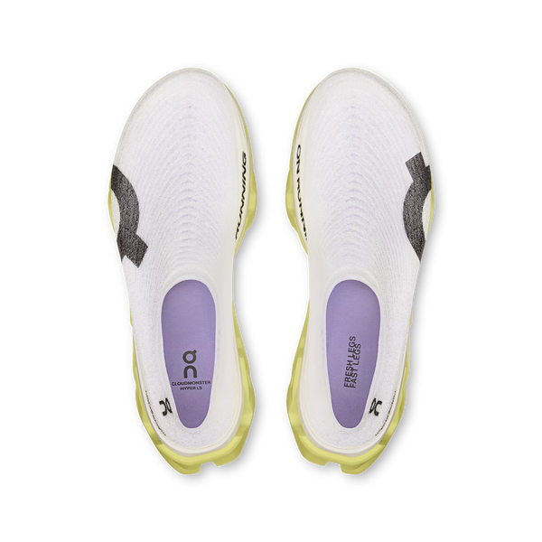 Topbillede af On's Cloudmonster 3 Hyper LS slip-on-sneakers i Limelight/Bloom, unisex-design med sorte detaljer, lilla CLOUDFRAME MVMNT- og FEARLESS-indlægssåler og lysegule såler med Helion HF-hyperskumkomfort.