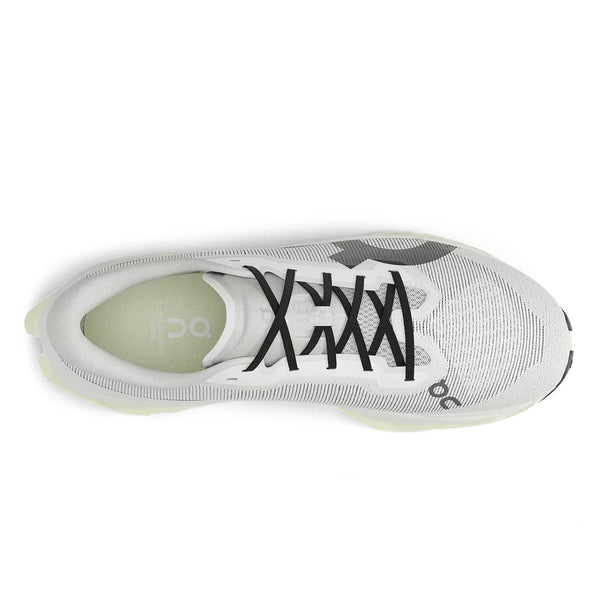 Et topbillede af On Cloudmonster 3 Hyper herre løbesko i Ivory/Linen viser lysegrønne detaljer, sorte snørebånd, en overdel i mesh og ON-logoet på indersålen. Denne herresneaker har maksimal dæmpning og ser ny og ubrugt ud.