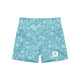 Saysky Flower Combat+ Short Tights 4" til kvinder har en blågrøn farve med et lyseblåt blomstermønster og en lille hvid Saysky-logopatch nederst på venstre ben, vist på en hvid baggrund.
