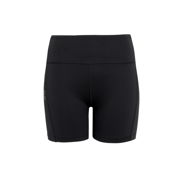 Performance Tights Short, Dame, Black fra On har et højtaljet, tætsiddende design med synlige sømme og et lille logo på venstre lår - ideelle løbetights dame til aktiv komfort. Vist mod en almindelig hvid baggrund.