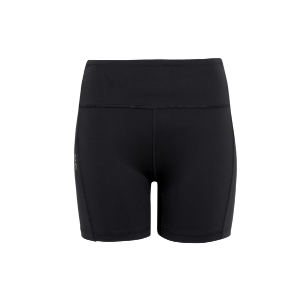 Performance Tights Short, Dame, Black fra On har et højtaljet, tætsiddende design med synlige sømme og et lille logo på venstre lår - ideelle løbetights dame til aktiv komfort. Vist mod en almindelig hvid baggrund.