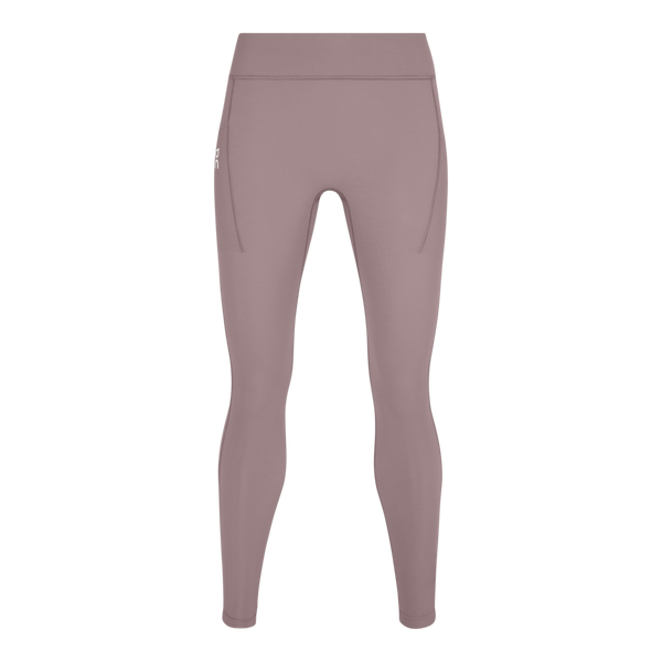 Højtaljede, hejrefarvede On Performance Tights, Dame vist på en hvid baggrund med et lille hvidt logo på øverste venstre lår og to lodrette hoftesømme. Perfekte løbetights dame med On DryTec-komfort.