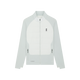 Lysegrå On Weather Hybrid-jakke, dame, farve: Glacier/Frost, med et hvidt, quiltet frontpanel, gennemgående lynlås og sidelommer.