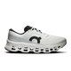 On Cloudmonster 3 Herre i White/White er en sportssko til mænd med sorte detaljer, sort sål med store udskæringer, sort pløs og logo, hvide snørebånd, ON RUNNING-branding og CloudTec-støddæmpning for komfort.