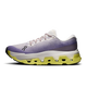 Et sidebillede af On Cloudmonster 3 Hyper, Herre, Lily/Limelight viser en lilla og hvid overdel, lyslilla snørebånd, maksimal dæmpning i den tykke hvide mellemsål samt en gul og sort segmenteret ydersål, der giver et sporty look.