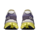 Bagsiden af On Cloudmonster 3 Hyper løbesko herre (Lily/Limelight) med lilla og hvid overdel, gule mellemsåler for maksimal dæmpning, sorte ydersåler og "ON" til venstre samt "RUNNING" til højre i hvid tekst.